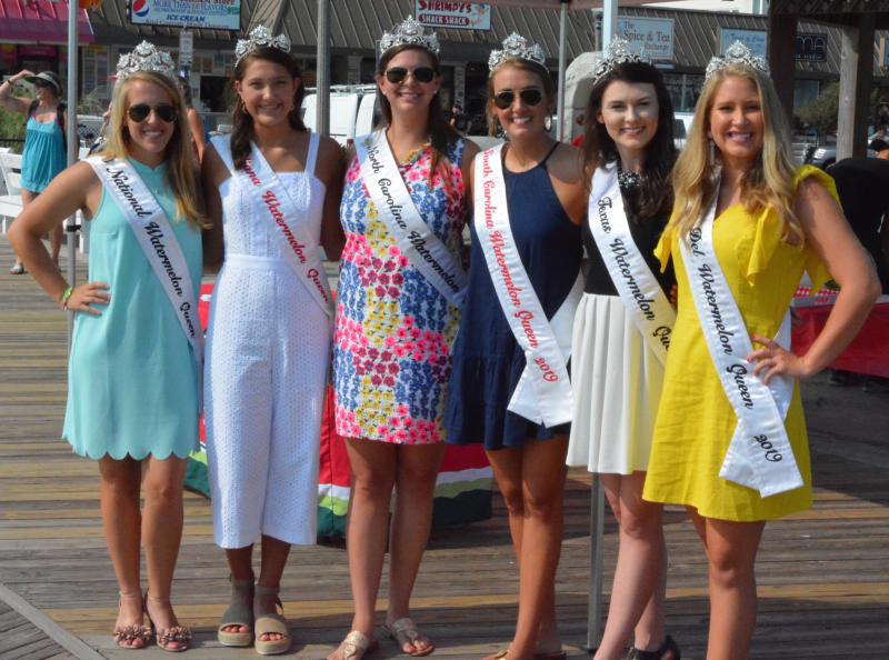 Watermelon Queens from across the country participated in the annual event. Pictured are (l-r) National Watermelon Queen Katie Honeycutt, Illiana Watermelon Queen Madison Heiden, North Carolina Watermelon Queen Amy Arnold, South Carolina Watermelon Queen Courtney Kubu, Texas Watermelon Queen Paige Huntington and Mar-Del Watermelon Queen Summer Thomas.